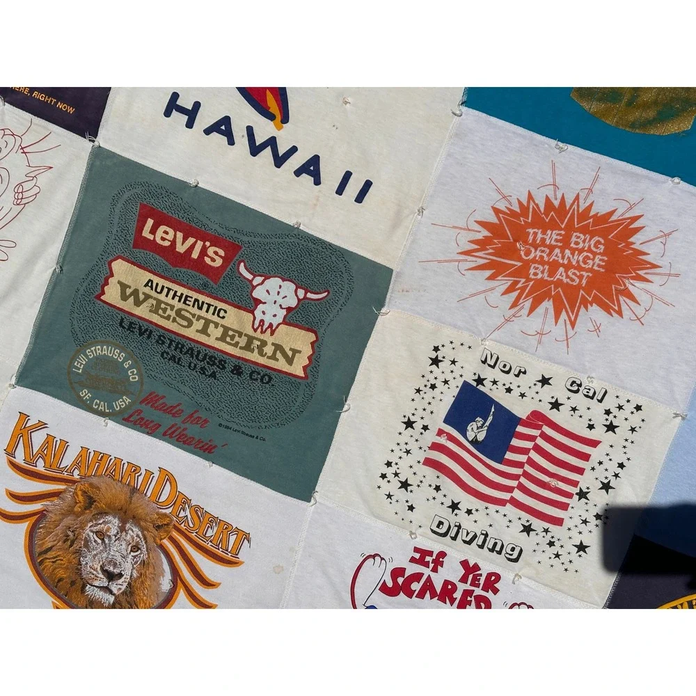 Vtg 90s Graphic T-Shirt Quilt Handmade Patchwork Blanket Levis Bart College